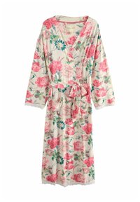 Cvečni plašč z rožami v roza in modri barvi na kremnem platnu, dolgi rokavi, zavezan pas in čipkast rob na manšetah in robu.