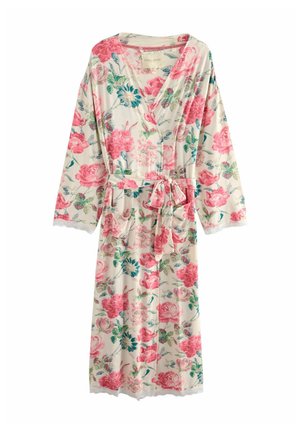 Floral-Robe mit rosa und blauen Blumen auf crèmefarbenem Stoff, langen Ärmeln, einem taillierten Bund und Spitzenverzierungen an den Ärmeln und am Saum.