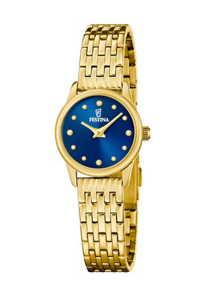 Armbåndsur i guldfarvet metal med blå urskive, gyldne prikformede time-markører, to gyldne visere samt Festina-logo under klokken 12.