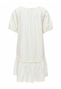 Robe blanche à manches courtes avec encolure élastique et poignets des manches, coupe ample et ourlet volanté froncé à hauteur des genoux.