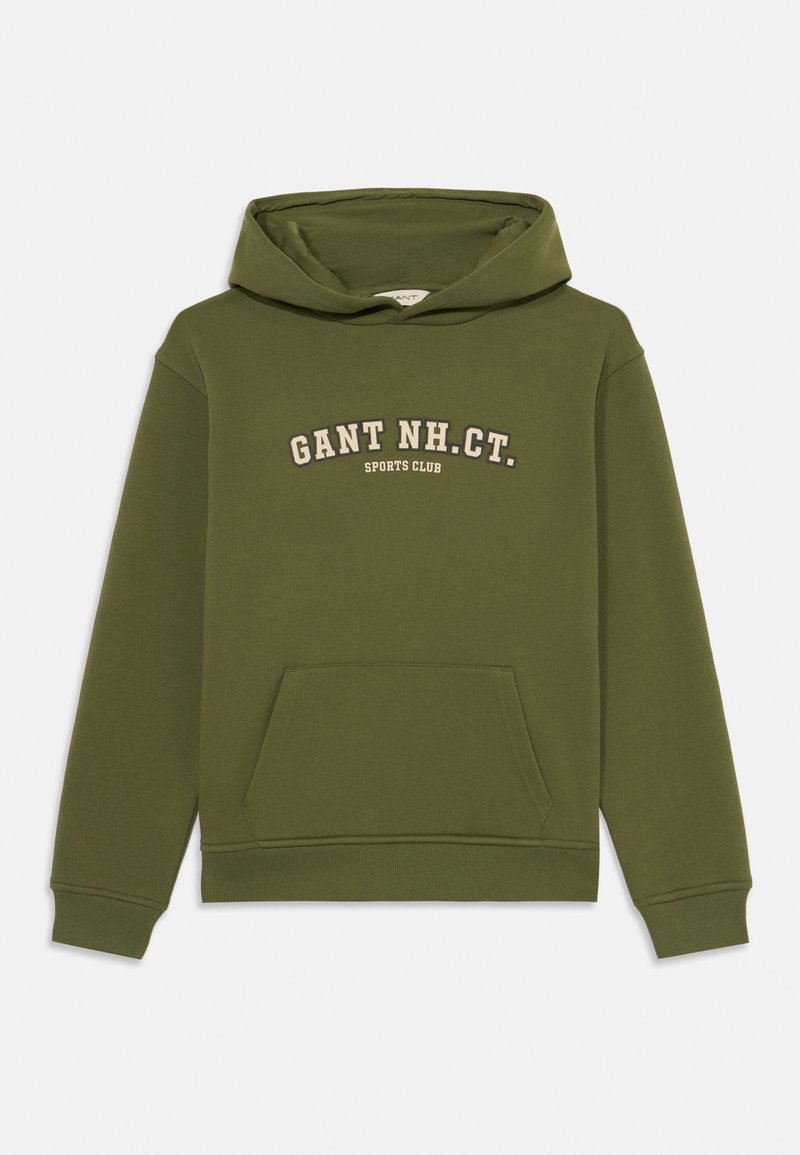 Felpa verde oliva con tasca frontale, cappuccio con cordino e testo stampato "GANT NH.CT. SPORTS CLUB" in color crema sul petto.