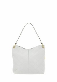 Graue Lederhandtasche mit gestepptem Muster, abgerundetem oberen Teil und einem einzelnen Schulterriemen. Verfügt über goldfarbene Hardware und hellblaue Nähte.