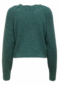 Pull en tricot vert avec une texture côtelée, un design court et des manches longues avec des détails subtils aux coutures des épaules.