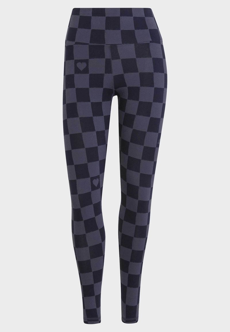 Marineblaue Leggings mit einem Schachbrettmuster, hoher Taille und strukturiertem Stoff. Kleines Herzlogo im unteren linken Bereich.
