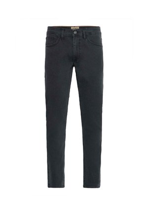 Black denim jeans with a fitted silhouette, five-pocket design, and button closure. Smooth texture with subtle fading on the fabric.