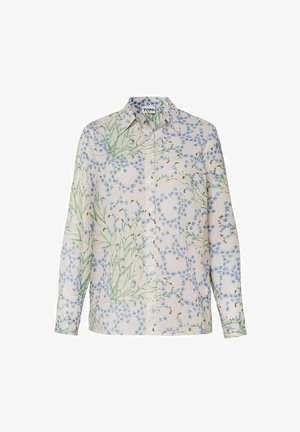 Camicia a maniche lunghe con bottoni, sfondo pallido, con delicati steli verdi e piccola stampa floreale blu.