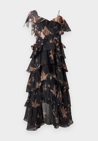 Μαύρο στρωματοποιημένο φόρεμα με μανίκια βολάν, διακοσμημένο με λουλουδένια μοτίβα σε απαλές αποχρώσεις. Κατασκευασμένο από ελαφρύ ύφασμα με ρέον σχέδιο.