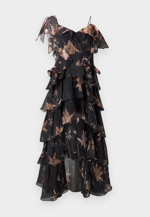 Μαύρο στρωματοποιημένο φόρεμα με μανίκια βολάν, διακοσμημένο με λουλουδένια μοτίβα σε απαλές αποχρώσεις. Κατασκευασμένο από ελαφρύ ύφασμα με ρέον σχέδιο.