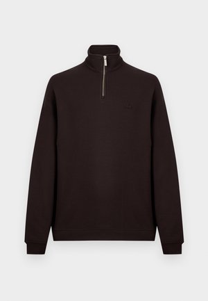 Fekete, hosszú ujjú pulóver negyed cipzárral és álló gallérral, finom márkajelzéssel bal mellrészen.