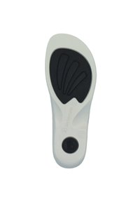 Shoe insole with a white plastic base and black rubber section. Features textured grooves and a logo imprint. Flat, ergonomic design.