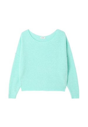 Pull court vert menthe en tricot doux, avec un large col rond et des épaules tombantes, doté de poignets et d'un ourlet côtelés.