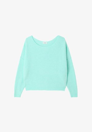 Pull court vert menthe en tricot doux, avec un large col rond et des épaules tombantes, doté de poignets et d'un ourlet côtelés.