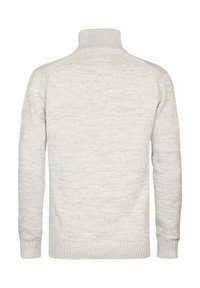 Maglione a maglia grigio chiaro con colletto alto, polsini e orlo a coste. Presenta un motivo testurizzato e mélange su tutto il tessuto.