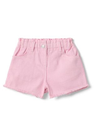 Roze denim short met een elastische taille, riemlussen, steekzakken aan de voorkant, knoopsluiting en rafelige zoom.