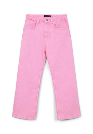 Jeans di denim rosa chiaro con una vestibilità straight-leg, dotati di cinque tasche, chiusura con bottone e passanti per la cintura. Texture liscia senza motivi.