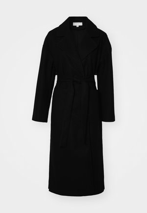 Black long coat made of soft fabric, featuring a wide lapel collar, long sleeves, a belted waist, and side pockets.