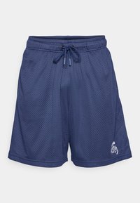 Marineblaue, elastische Sportshorts aus Netzstoff mit einem dehnbaren Bund und Kordelzug, ausgestattet mit einem kleinen weißen Grafikmotiv nahe dem Saum am rechten Bein.