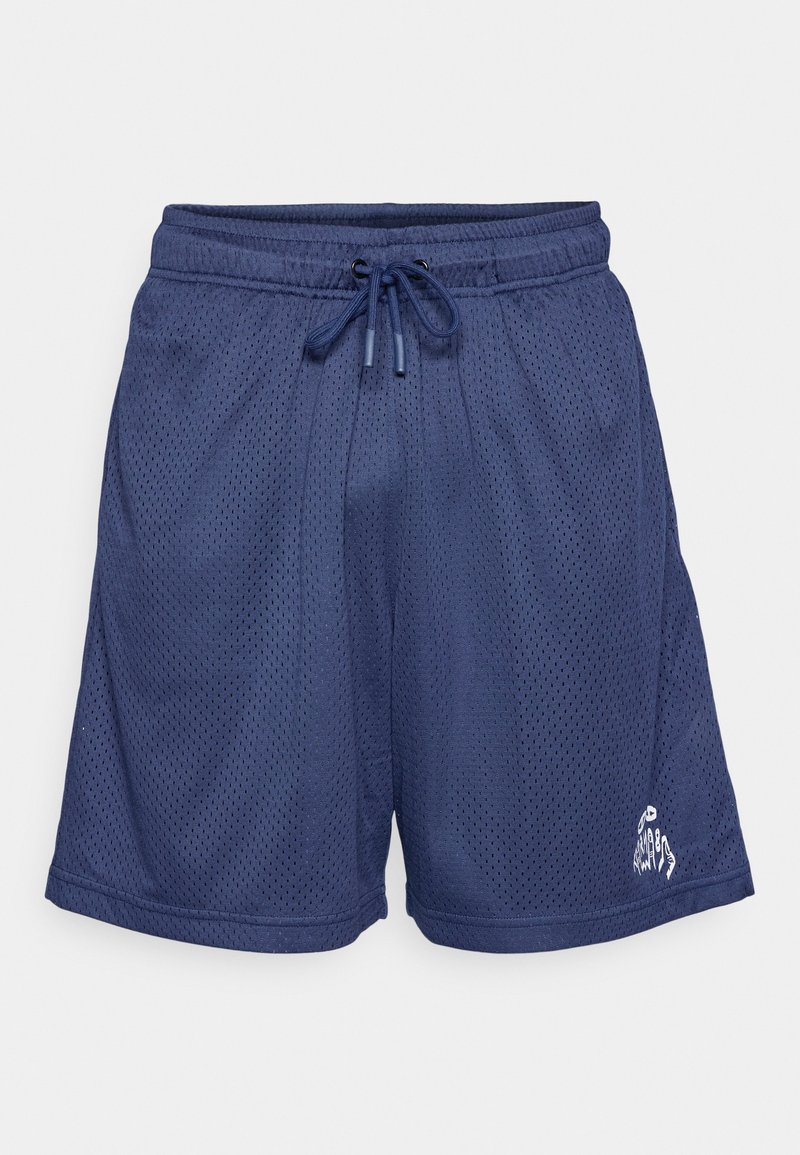 Marineblaue, elastische Sportshorts aus Netzstoff mit einem dehnbaren Bund und Kordelzug, ausgestattet mit einem kleinen weißen Grafikmotiv nahe dem Saum am rechten Bein.