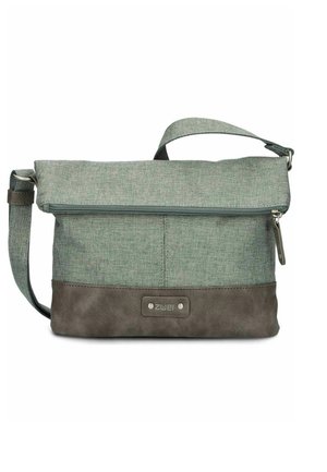 Groen- en bruin stoffen crossbodytas met verstelbare riem, bovenste ritssluiting, voorste overslagklep en een klein metalen logoplaatje.