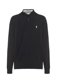 Maglione nero con design a zip a un quarto, polsini e orlo a coste. Presenta un piccolo logo ricamato sul lato sinistro del petto. Tessuto morbido.