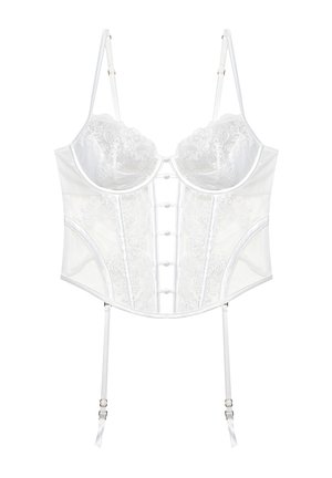 Weißes Spitzenbustier mit Bügel-Cups, Frontknopfverschluss, verstellbaren Schulterträgern und abnehmbaren Strapshaltern.