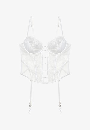 Weißes Spitzenbustier mit Bügel-Cups, Frontknopfverschluss, verstellbaren Schulterträgern und abnehmbaren Strapshaltern.
