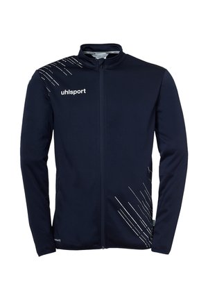 Marineblaue Sportjacke mit durchgehendem Frontreißverschluss, weißen diagonalen Linienmustern und "uhlsport"-Logo auf Brust und Schulter.