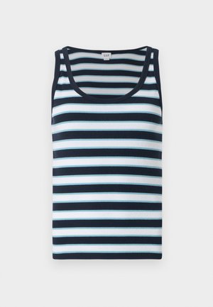 Pruhovaný top s tankovým strihom v námorníckej modrej a svetlomodrej farbe. Obsahuje rebrovanú textúru, okrúhly výstrih a široké ramenné popruhy.