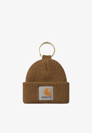 Brown ribbed Carhartt beanie keychain with folded cuff and stitched brand logo patch.