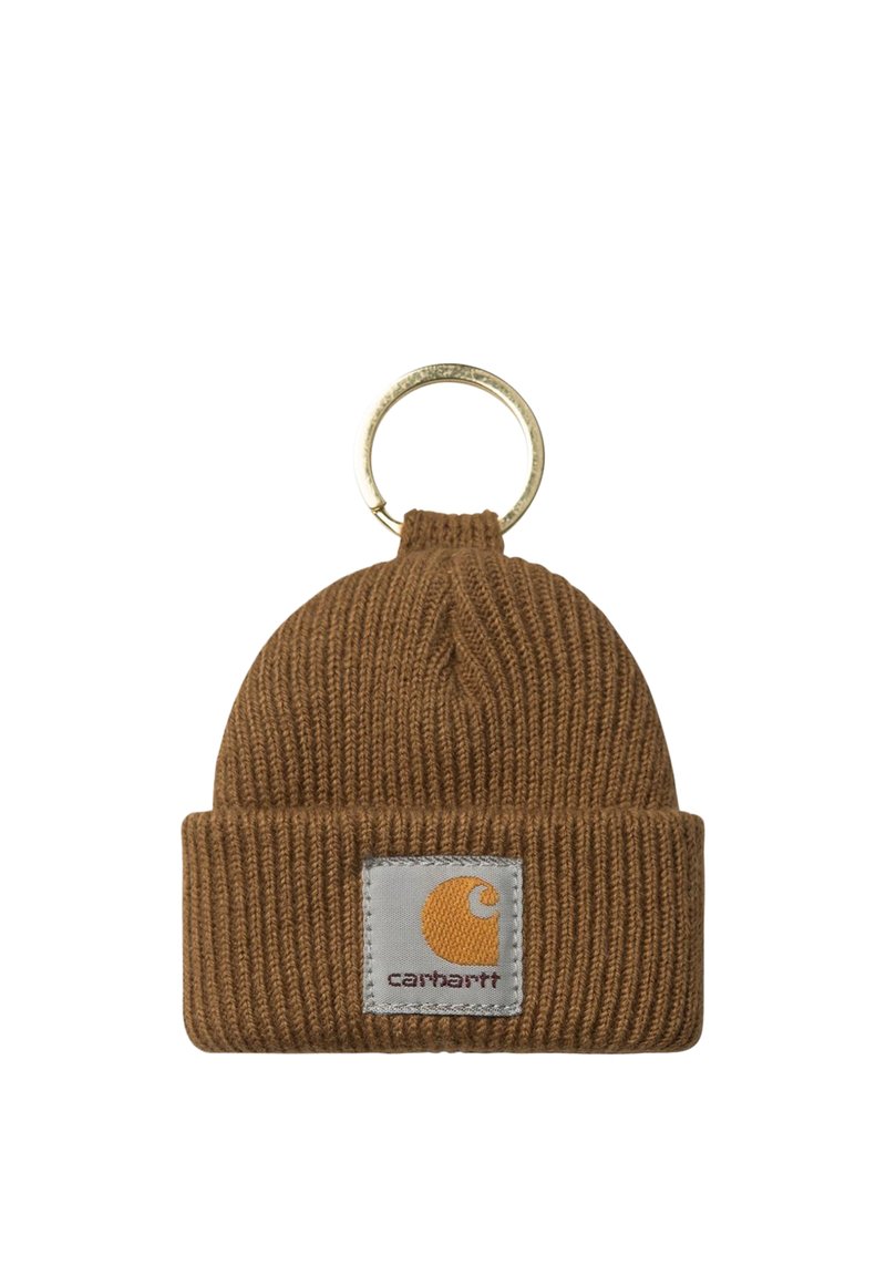 Portachiavi con berretto Carhartt marrone a coste con risvolto piegato e logo marchio cucito.