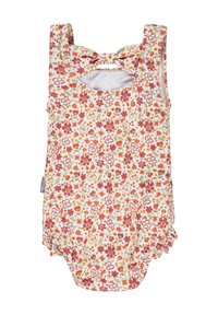 Ein floral gemusterter Einteiler aus leichtem Material, mit rundem Halsauschnitt, einer Schleifendetail am Rücken und Rüschen an den Beinausschnitten.
