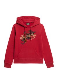 Sudadera roja hecha de una mezcla de algodón, que cuenta con un bolsillo frontal, capucha con cordón y un diseño gráfico texturizado en el pecho.