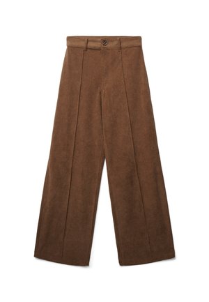 Pantaloni in corda marroni a gamba larga con pince frontali, passanti per cintura e chiusura con bottone in vita, distesi su uno sfondo bianco.