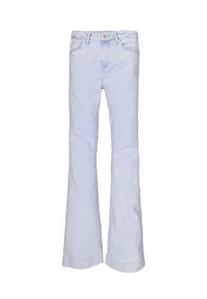 Helle blaue Jeans mit weitem Bein und klassischem Fünf-Taschen-Design, mit Knopf- und Reißverschluss, sowie fransigem Saum.