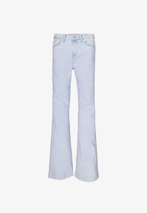 Helle blaue Jeans mit weitem Bein und klassischem Fünf-Taschen-Design, mit Knopf- und Reißverschluss, sowie fransigem Saum.