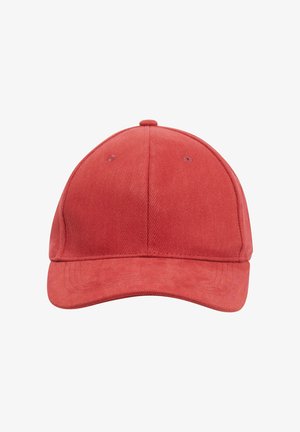 Red cotton cap with a curved brim and textured fabric. Features ventilation holes and a button on top, suitable for casual wear.