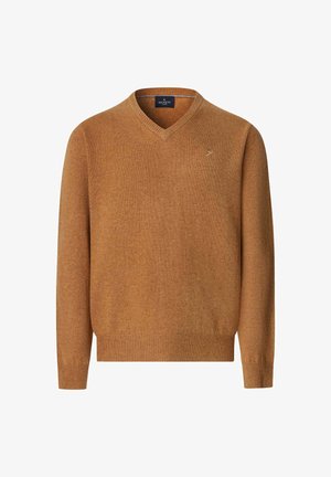 V-hals, langemouwen trui in een warme karamelkleur. Gemaakt van zachte stof met geribde boorden en zoom, met een klein logo op de borst.