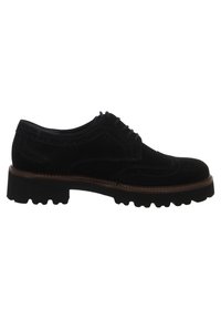 Scarpe brogue in suede nero con upper texturizzato, caratterizzate da un design con lacci, cuciture marroni a contrasto e una robusta suola a denti.