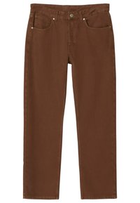 Los pantalones de algodón marrones presentan un diseño clásico con cierre de botón, estilo de cinco bolsillos y corte recto. Textura suave y duradera.