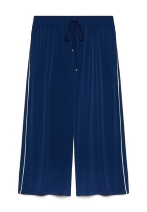 Pantalones anchos azul marino de corte cropped con cintura elástica y cordón, con franjas laterales blancas.