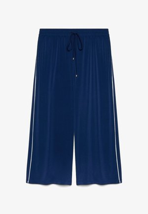 Navyblauwe wide-leg cropped broek met elastische tailleband en trekkoord, met witte zijstrepen.