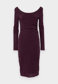 Long-sleeved, deep burgundy dress with a boat neckline, fitted silhouette, and subtle ruching detail on one side. Smooth fabric texture.
