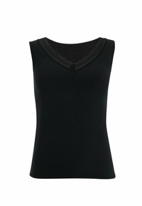 Haut sans manches noir avec un décolleté en V et des détails en dentelle le long de l'encolure. Fabriqué en matériau lisse, présentant une silhouette ajustée.