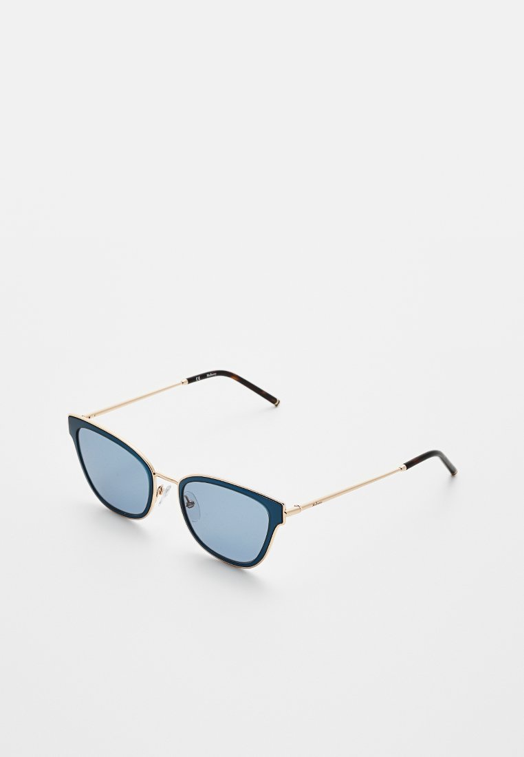 Metal sunglasses with a gold frame, featuring angular dark blue lenses and black accents on the temples. Lightweight design.