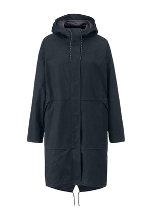 Cappotto nero di lunghezza media con cappuccio, realizzato in materiale liscio. Presenta coulisse, tasche laterali e una linea dritta con orlo leggermente curvo.