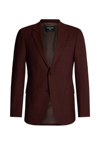 Blazer bordeaux con revers a punta, due tasche frontali, chiusura a bottone monopetto e fodera interna liscia. Fit strutturato e su misura.