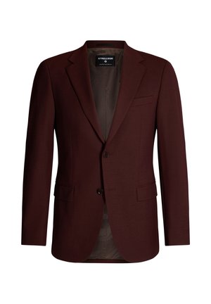 Burgunderfarbener Blazer mit Reverskragen, zwei Fronttaschen, einreihigem Knopfverschluss und glattem Innenfutter. Strukturierte, taillierte Passform.