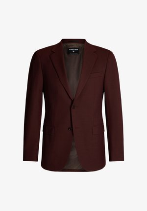 Bordeaux blazer met een geknopt revers, twee voorzakken, een enkele knoopsluiting en een gladde voering. Gestructureerde, op maat gemaakte pasvorm.