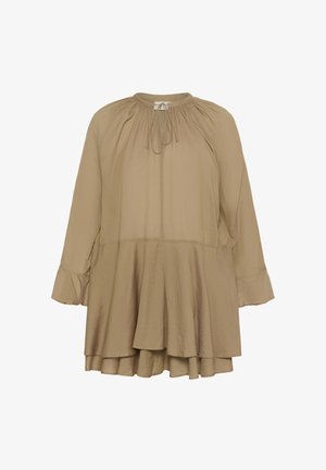 Blouse longue beige à manches longues, col froncé, fermeture par lien et ourlet à volants superposés.