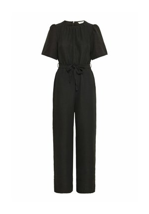 Black jumpsuit with short puff sleeves, a round neck, and a drawstring waist. Smooth textured fabric, wide legs, and a back zipper closure.